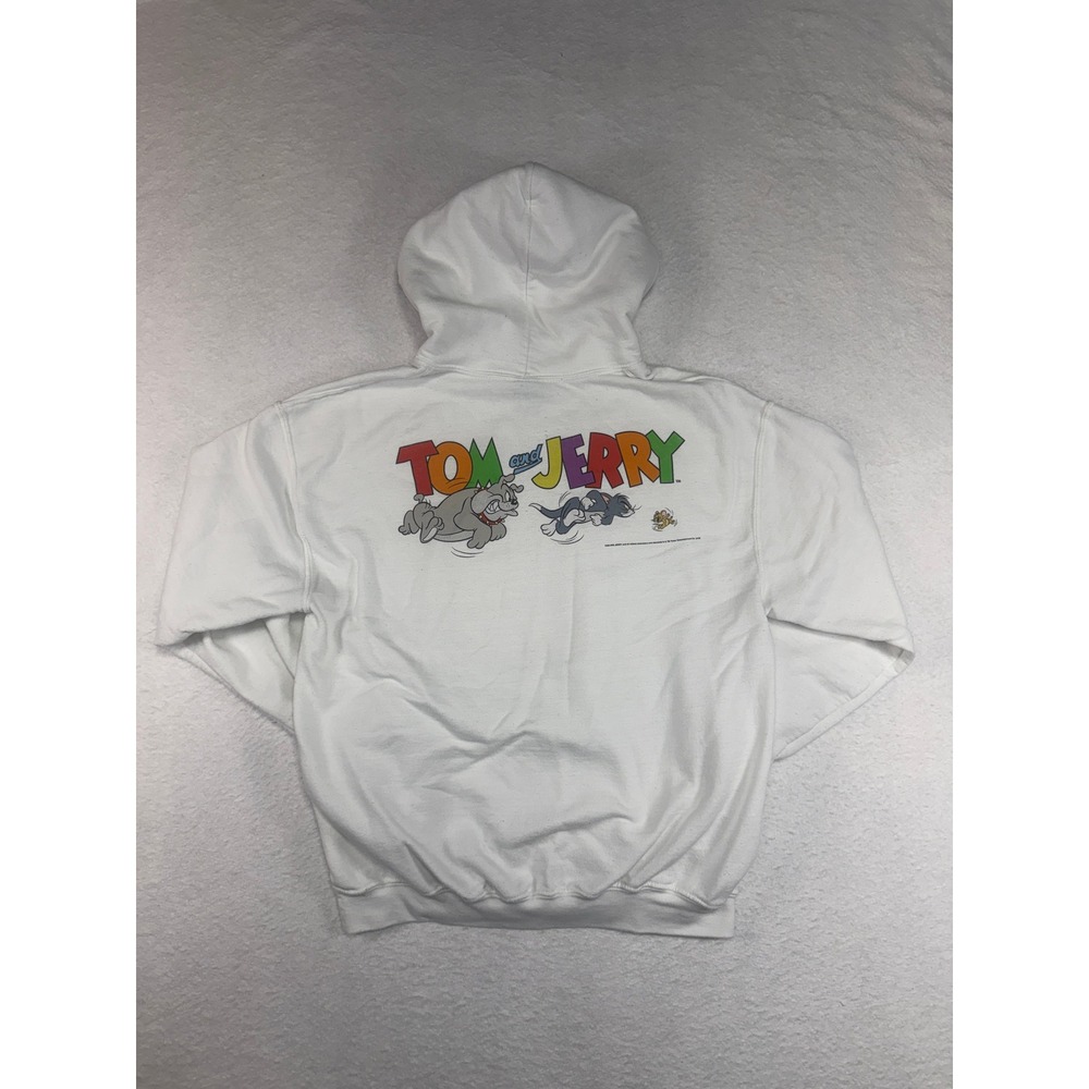 Gildan Tom and Jerry Graphic Hoodie White Men Medium Cartoon Pullover Sweatshirt